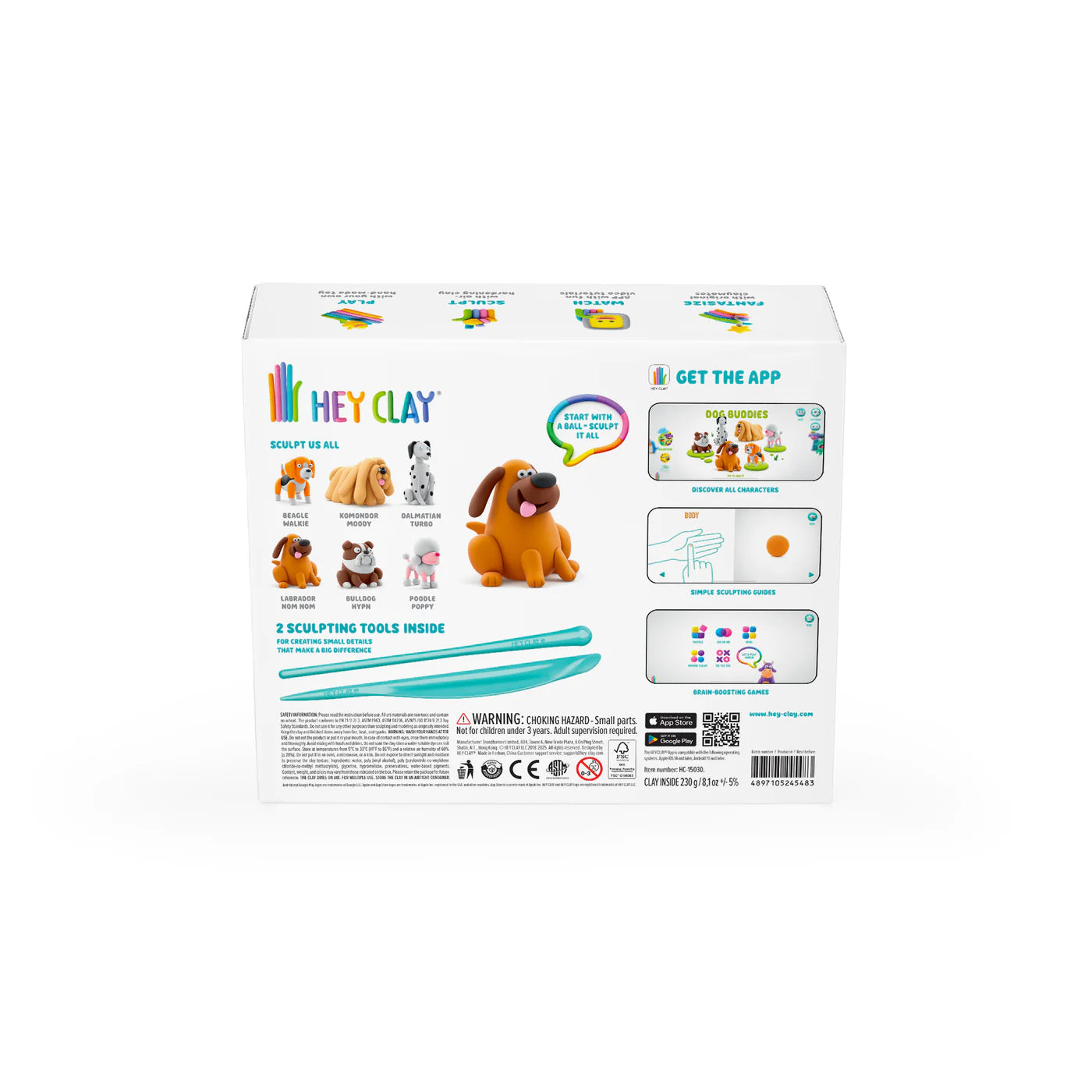 Achterkant van de Hey Clay Dog Buddies doos met kleifiguren, tools en uitleg over de app en kleien