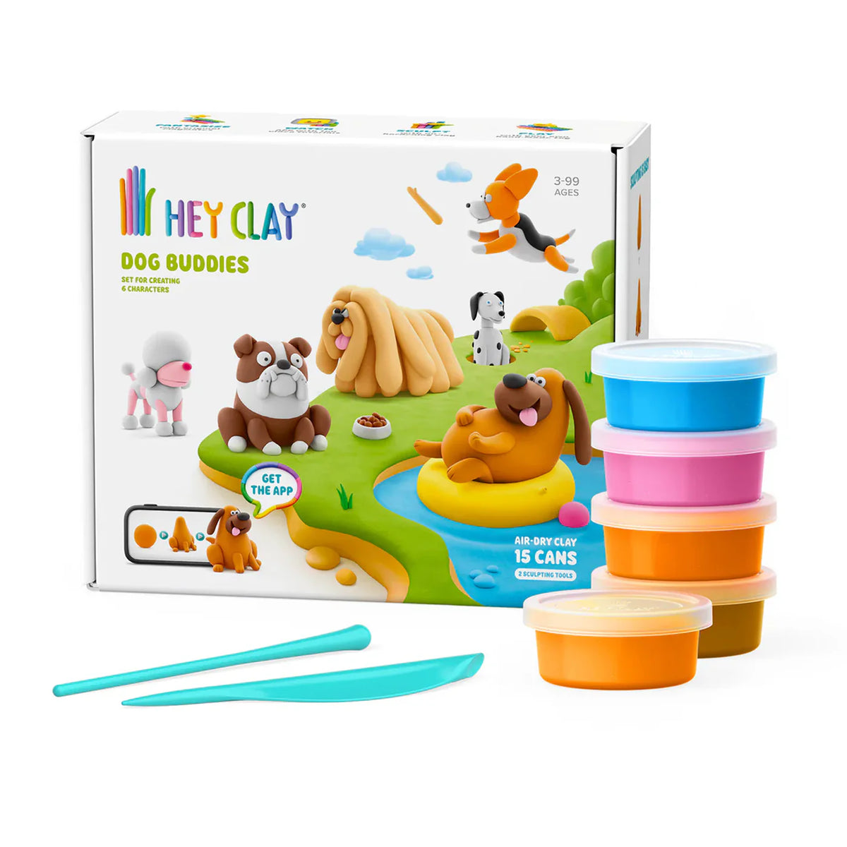 Hey Clay Dog Buddies voorkant verpakking met 15 potjes boetseerklei, kleurrijk kinderspeelgoed set
