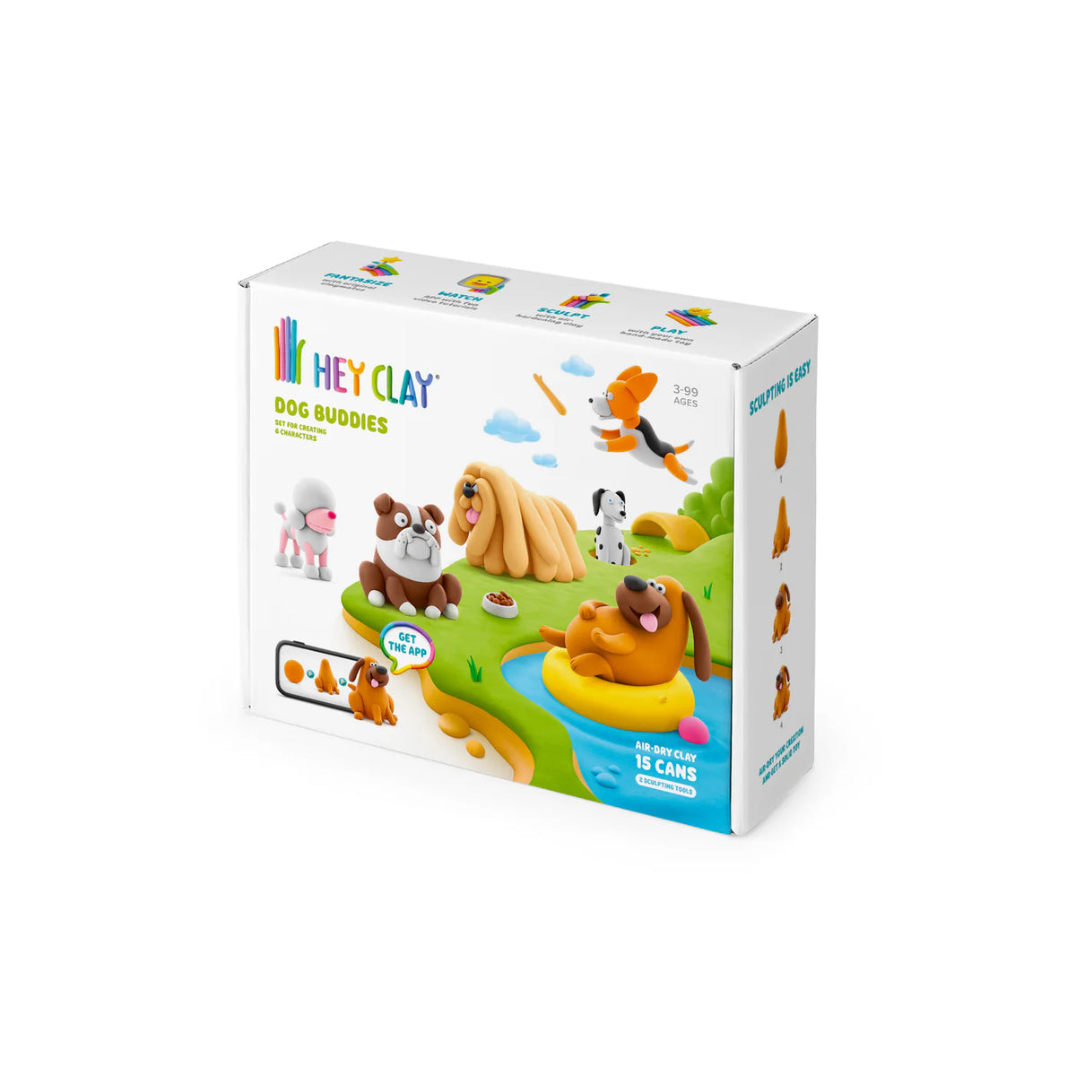 Hey Clay Dog Buddies zijkant verpakking met 15 potjes boetseerklei en app-instructies, speelgoed 3-99 jaar