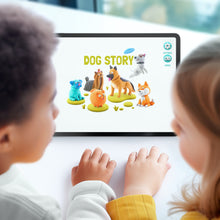 Hey Clay Dog Story app weergave met kleurrijke honden op tablet voor interactief kleien