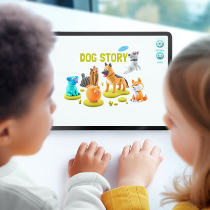 Hey Clay Dog Story app weergave met kleurrijke honden op tablet voor interactief kleien