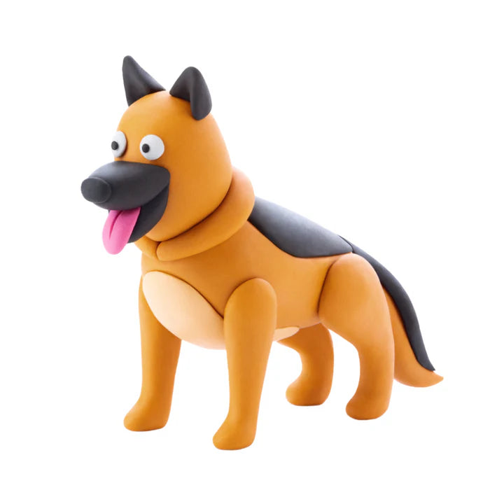 Speelse herdershond uit de Hey Clay Dog Story set, gemaakt van bruine en zwarte boetseerklei, leuk speelgoed om te kleien.