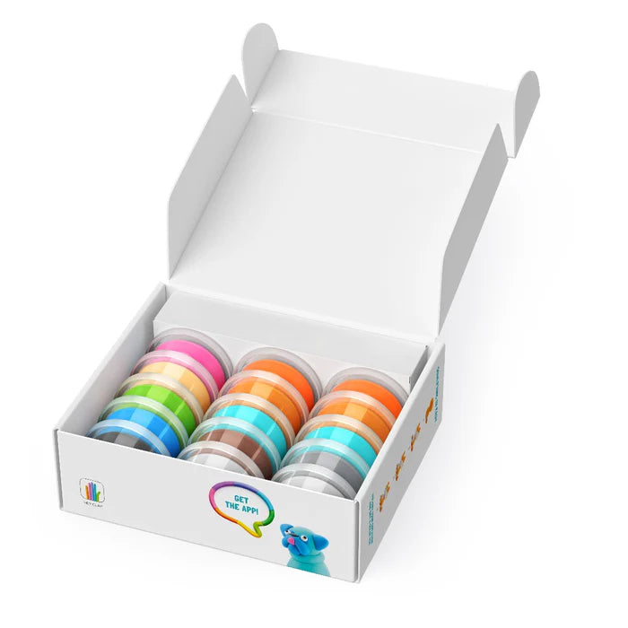 Open doos van de Hey Clay Dog Story set met 15 kleurrijke potjes boetseerklei, creatief speelgoed om te kleien voor kinderen