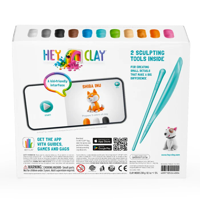 Achterkant van Hey Clay Dog Story set met sculpting tools, app-uitleg en boetseerklei voor kinderen om te kleien.
