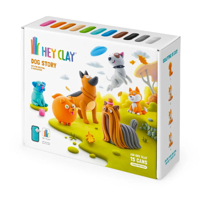 Hey Clay Dog Story voorkant verpakking met 15 potjes kleurrijke boetseerklei en honden