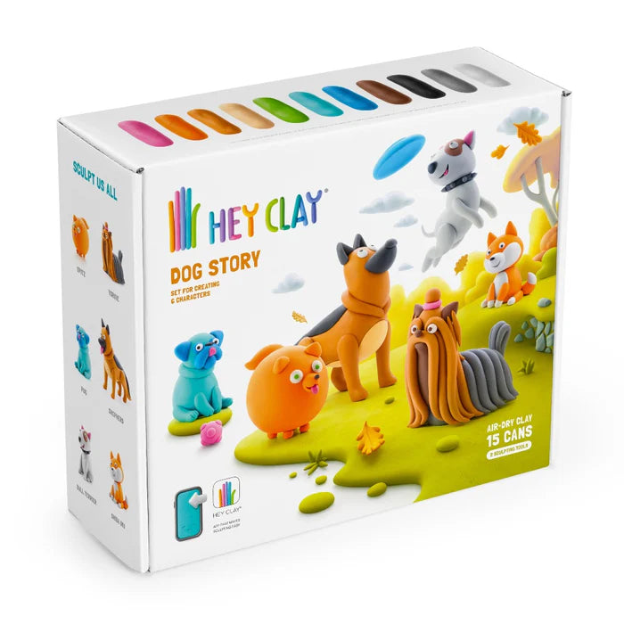 Hey Clay Dog Story speelgoedset met 15 potjes boetseerklei en app, kleurrijke klei figuren om te kleien voor kinderen.