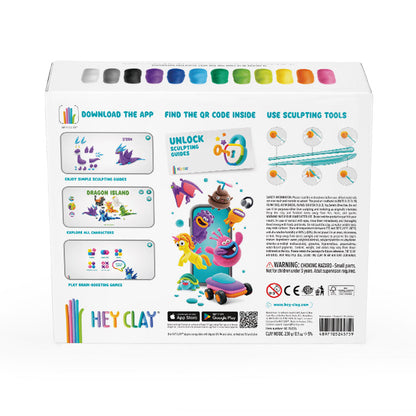 Hey Clay Dragons achterzijde verpakking met app instructies, QR-code en 15 kleurenpalet bovenzijde
