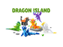 Hey Clay Dragons collectie met zes kleurrijke draken knutselen van boetseerklei op witte achtergrond