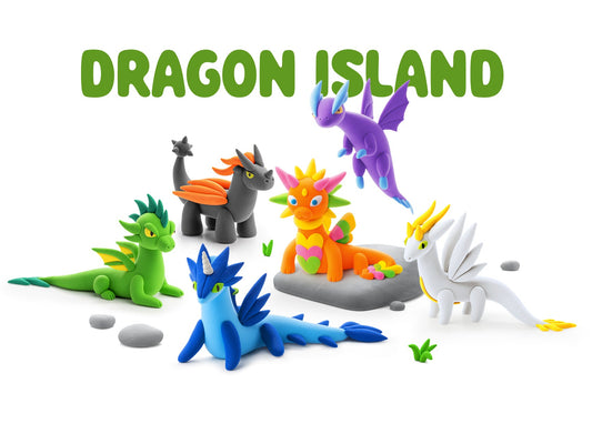 Hey Clay Dragons collectie met zes kleurrijke draken knutselen van boetseerklei op witte achtergrond