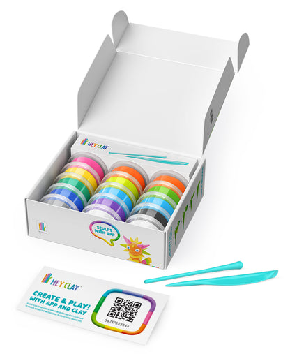 Hey Clay Dragons set open doos met 15 potjes boetseerklei, kleurig gereedschap en QR-code kaart