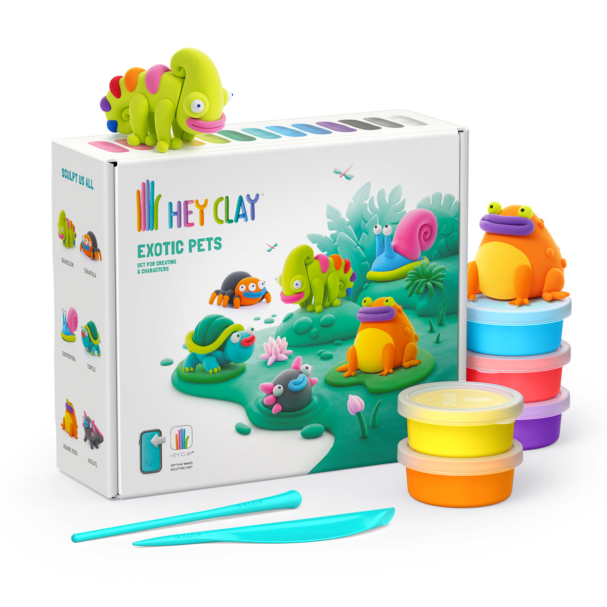 Hey Clay Exotic Pets set met 15 potjes boetseerklei, kleurrijke voorbeelden en klei-gereedschap