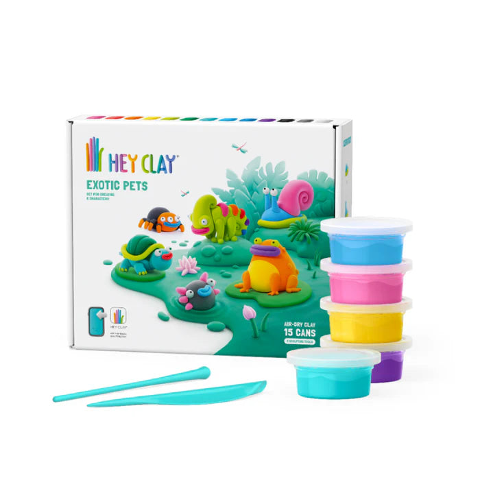 Hey Clay Exotic Pets kleiset met 5 potjes boetseerklei, sculpting tools en kleurrijke doos, leuk speelgoed om te kleien.