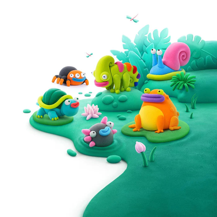 Geboetseerde dieren uit de Hey Clay Exotic Pets set, kleurrijke klei-illustratie vol leuke ideeën om te kleien voor kinderen.