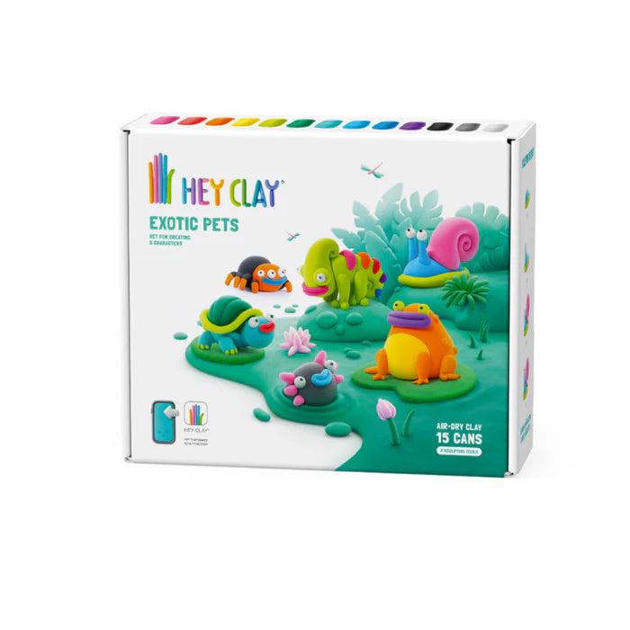 Voorzijde van de Hey Clay Exotic Pets doos met 15 potjes boetseerklei, leuk klei speelgoed en creatieve ideeën voor kinderen.