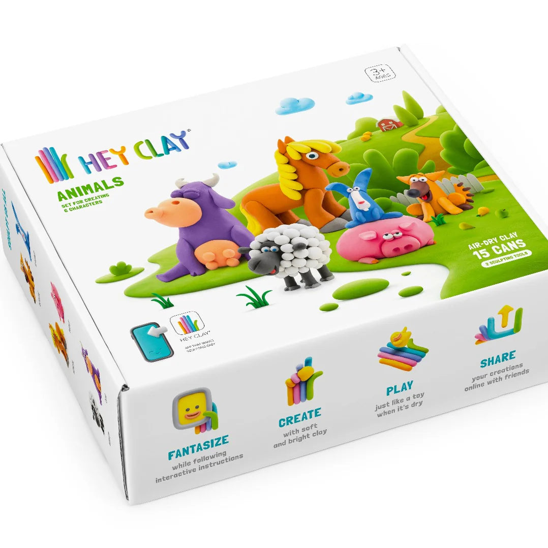 Hey Clay Farm Animals buitenkant verpakking met boerderijdieren illustraties en productinfo