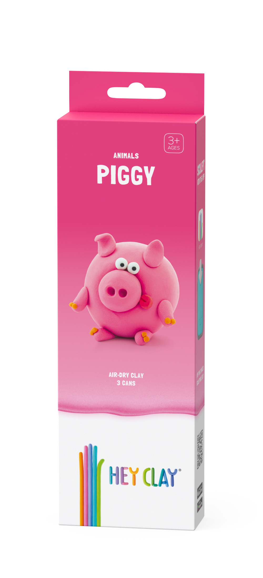 Hey Clay Piggy voorkant verpakking, roze doos Farm Animals collectie met 3 potjes boetseerklei