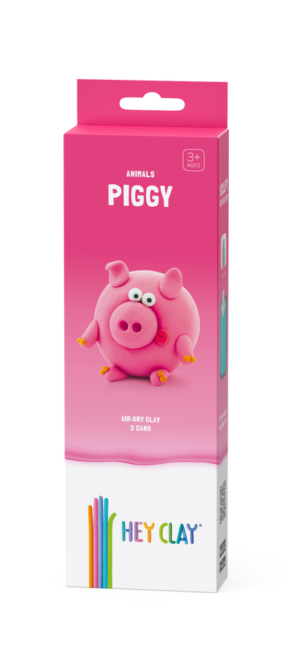 Hey Clay Piggy voorkant verpakking, roze doos Farm Animals collectie met 3 potjes boetseerklei