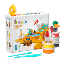 Hey Clay Farm Birds verpakking met 15 potjes boetseerklei en kleurrijke boerderijvogels speelgoed