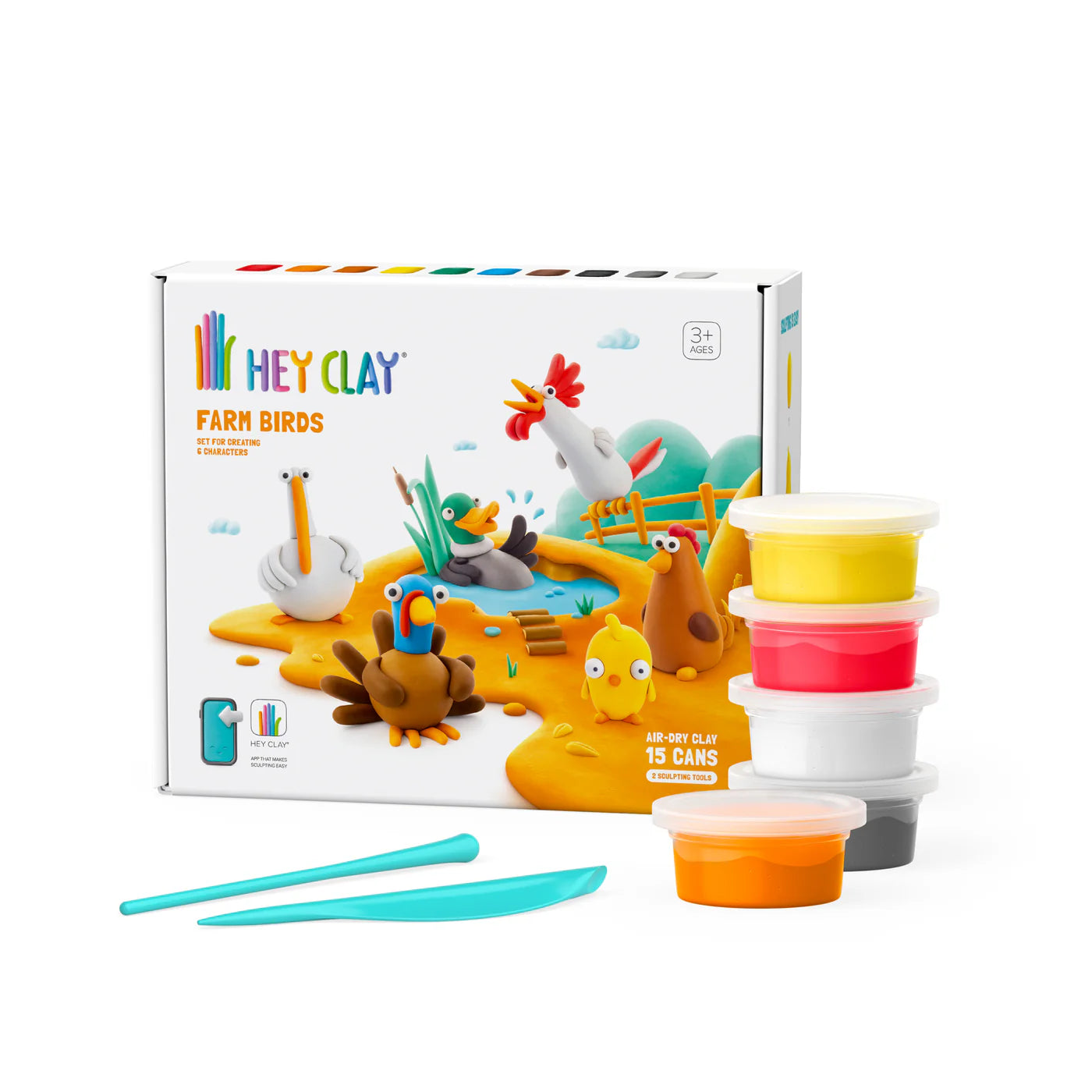 Set Hey Clay Farm Birds met kleurrijke boetseerklei, klei-ideeën voor kinderen, verpakt met 15 potjes en tools.