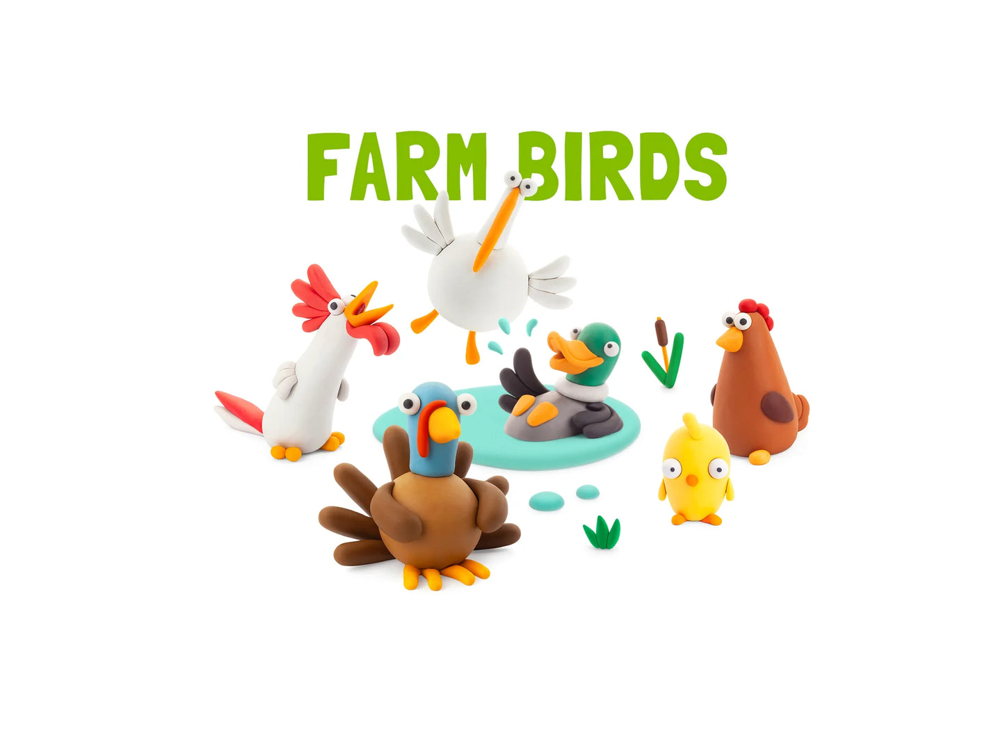 Hey Clay Farm Birds overzicht met alle zes boerderijvogels gemaakt van boetseerklei speelgoed