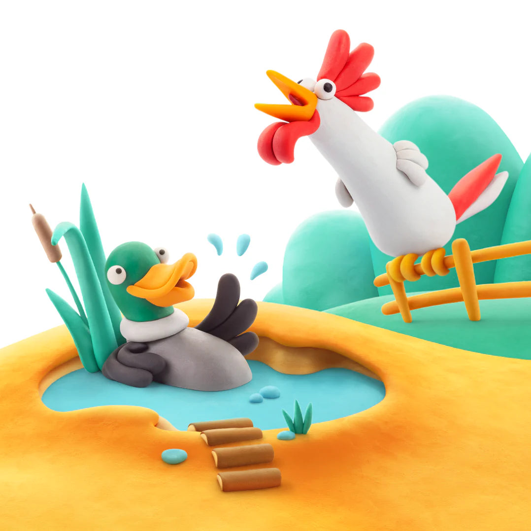 Hey Clay farm birds boetseerklei set, kleurrijke eend en haan kleien voor kinderen, speelse achtergrond met vijver.