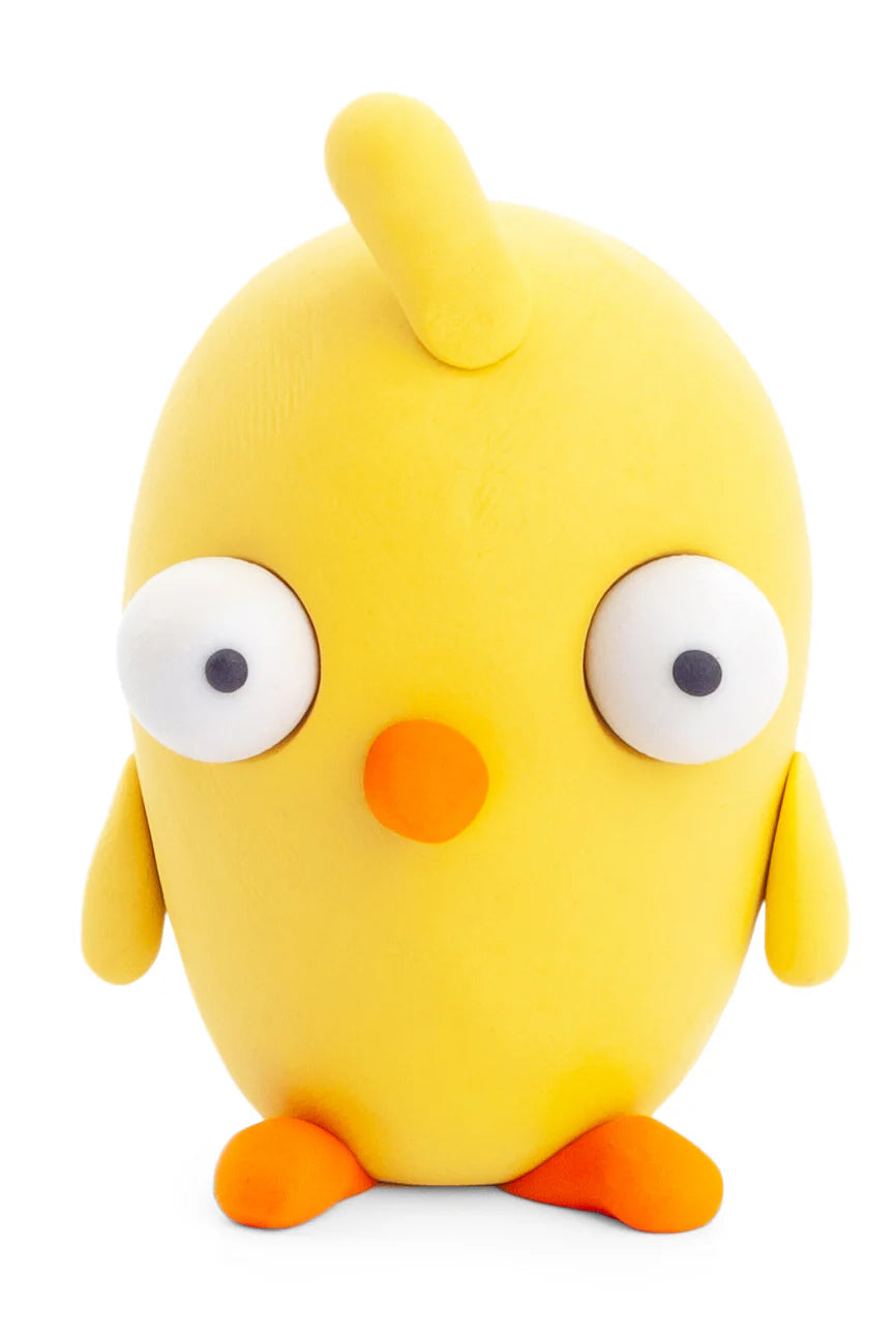 Geel Hey Clay farm birds kuiken van boetseerklei met grote ogen en oranje snavel en poten, ideaal klei idee voor kinderen om te kleien.