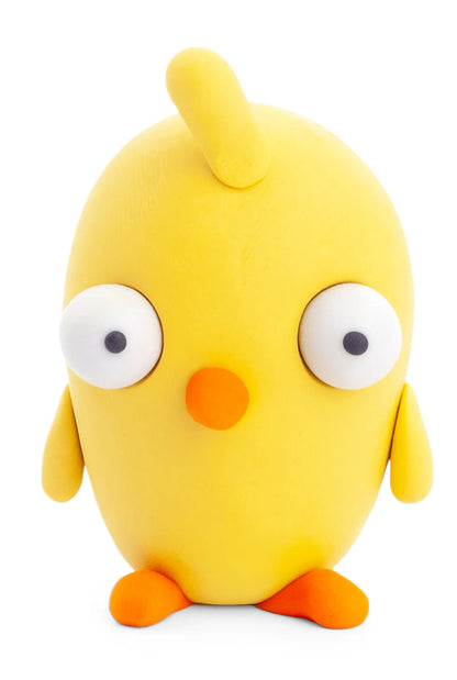 Geel Hey Clay farm birds kuiken van boetseerklei met grote ogen en oranje snavel en poten, ideaal klei idee voor kinderen om te kleien.