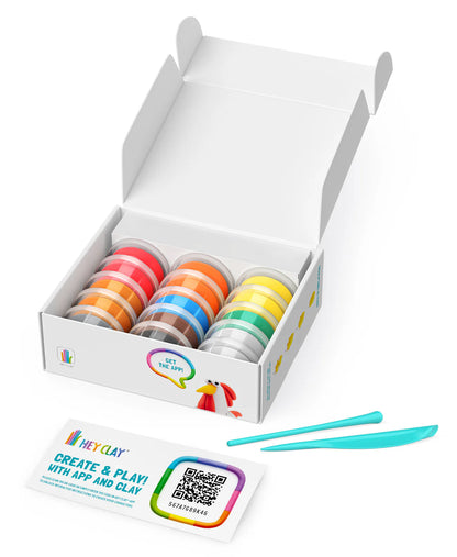 Hey Clay Farm Birds set met 15 potjes boetseerklei en tools, met qr code en een app met leuke klei ideeën voor kinderen.