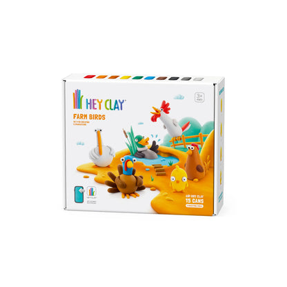 Hey Clay Farm Birds verpakking voorkant met kleurrijke boerderijvogels en 15 potjes boetseerklei
