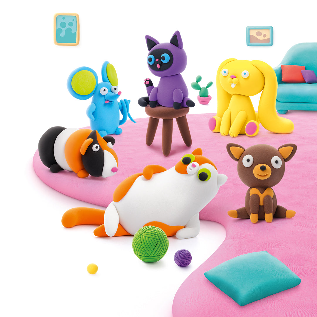 Hey Clay fluffy pets klei creaties: zes kleurrijke huisdieren op roze ondergrond met speelgoed details