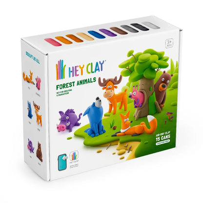 Voorkant doos Hey Clay Forest Animals met 15 potjes boetseerklei en vrolijke bosdierenfiguren, voor kinderen vol klei ideeën.