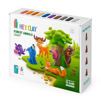 Voorkant doos Hey Clay Forest Animals boetseerklei set met 15 potjes klei en vrolijke bosdieren, ideaal voor knutsel ideeën.