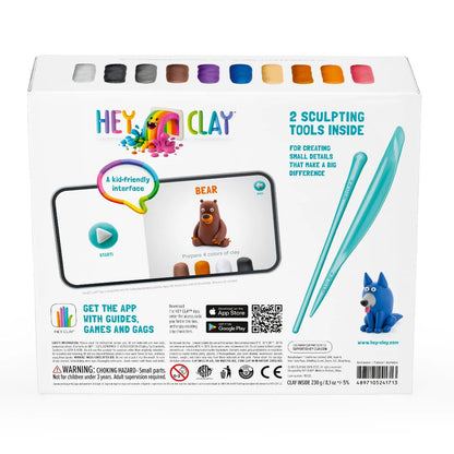 Achterzijde doos Hey Clay Forest Animals boetseerklei met app-instructies, kleitools en vrolijke klei ideeën voor kinderen.