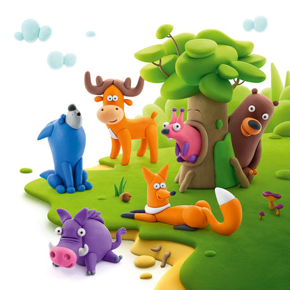 Illustratie van Hey Clay Forest Animals boetseerklei, kleurrijke dierenfiguren in boslandschap voor creatieve kinderen.