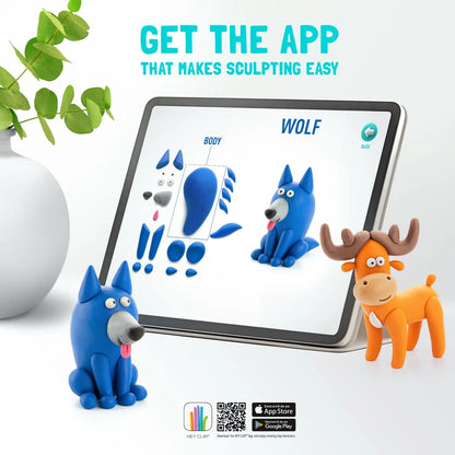 Hey Clay Forest Animals boetseerklei app toont stap-voor-stap kleien van wolf en eland, creatieve klei ideeën voor kinderen.