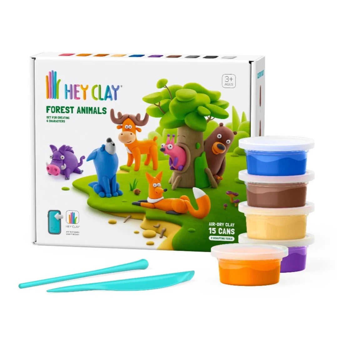 Voorkant doos Hey Clay Forest Animals boetseerklei set met potjes, sculpting tools en vrolijke dierenfiguren om te kleien.