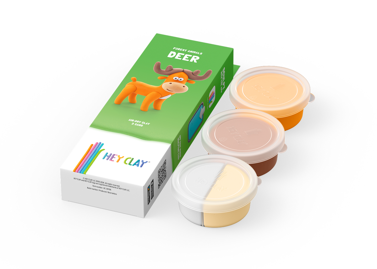 Hey Clay Forest Animals Deer hert boetseerklei set met 3 potjes en groene verpakking voor kinderen