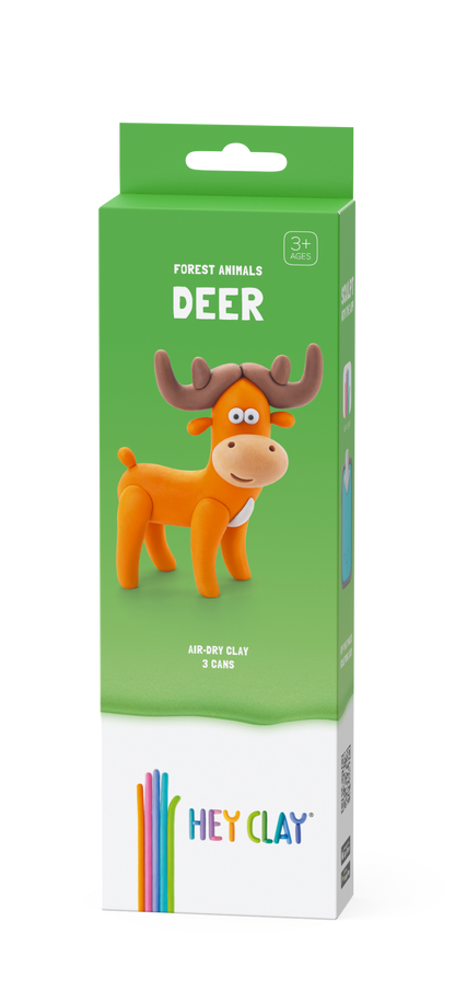 Hey Clay Forest Animals Deer verpakking voorkant groen met hert en 3 potjes boetseerklei voor kinderen 3+