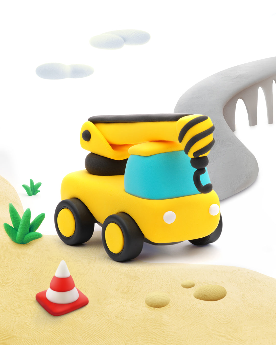 Hey Clay graafmachine boetseerklei - gele Construction Vehicles met gestreepte grijper detail foto