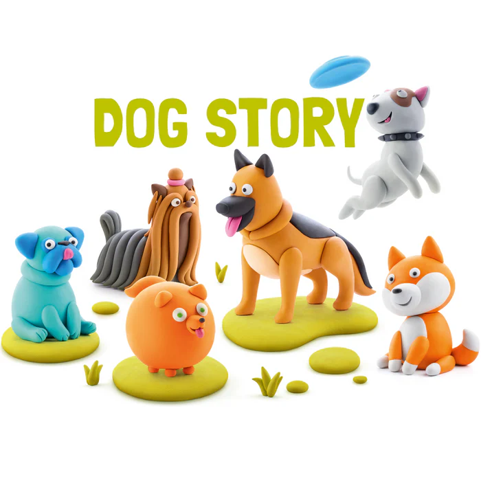 Hey Clay Dog Story zes kleurrijke honden figuren van boetseerklei met speelse uitstraling