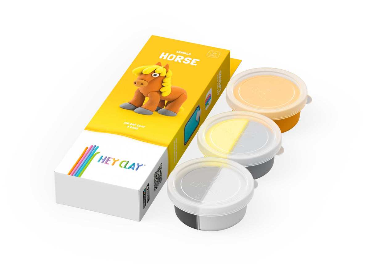 Hey Clay Horse boetseerklei set met gele verpakking en 3 potjes klei in oranje, geel en grijs
