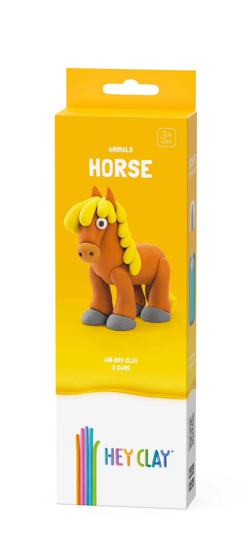 Hey Clay Horse voorkant verpakking, geel met paard afbeelding en 3 potjes boetseerklei voor 3+