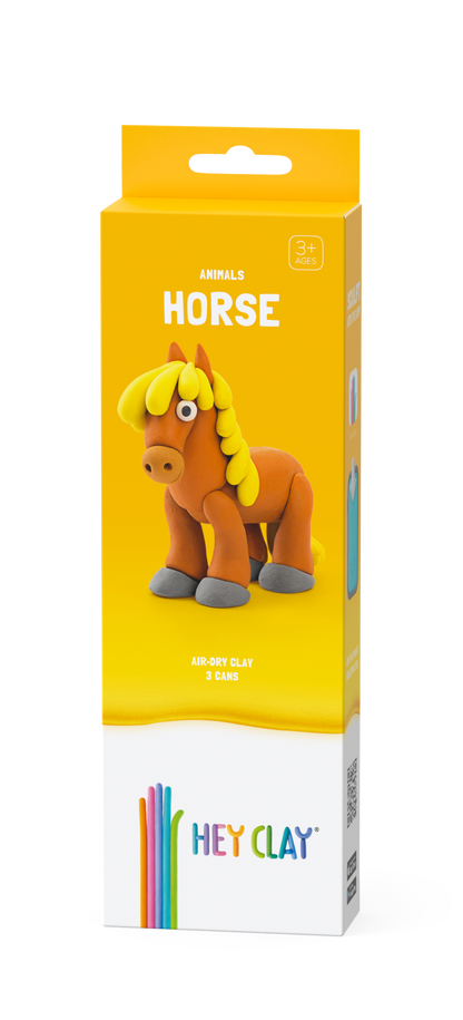 Hey Clay Horse voorkant verpakking, geel met paard afbeelding en 3 potjes boetseerklei voor 3+
