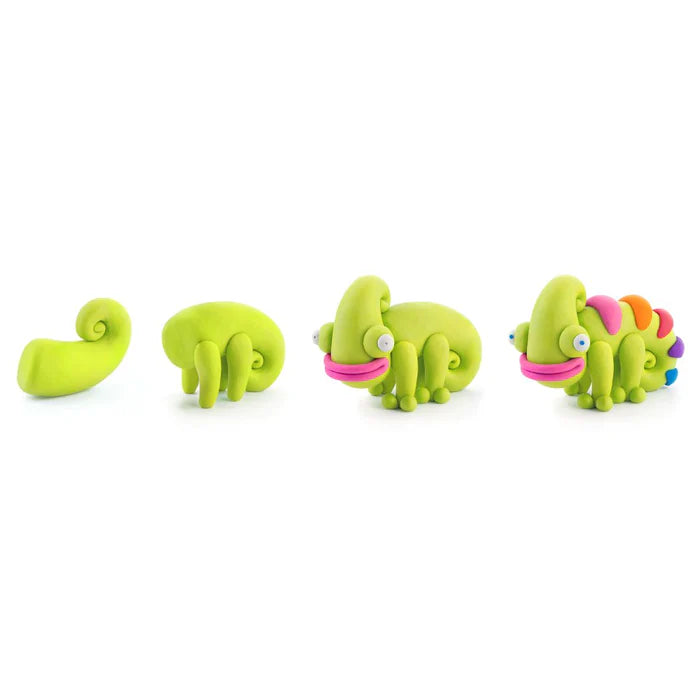 Hey Clay boetseerklei kameleon opbouw in vier stappen, van groen naar kleurrijk dier