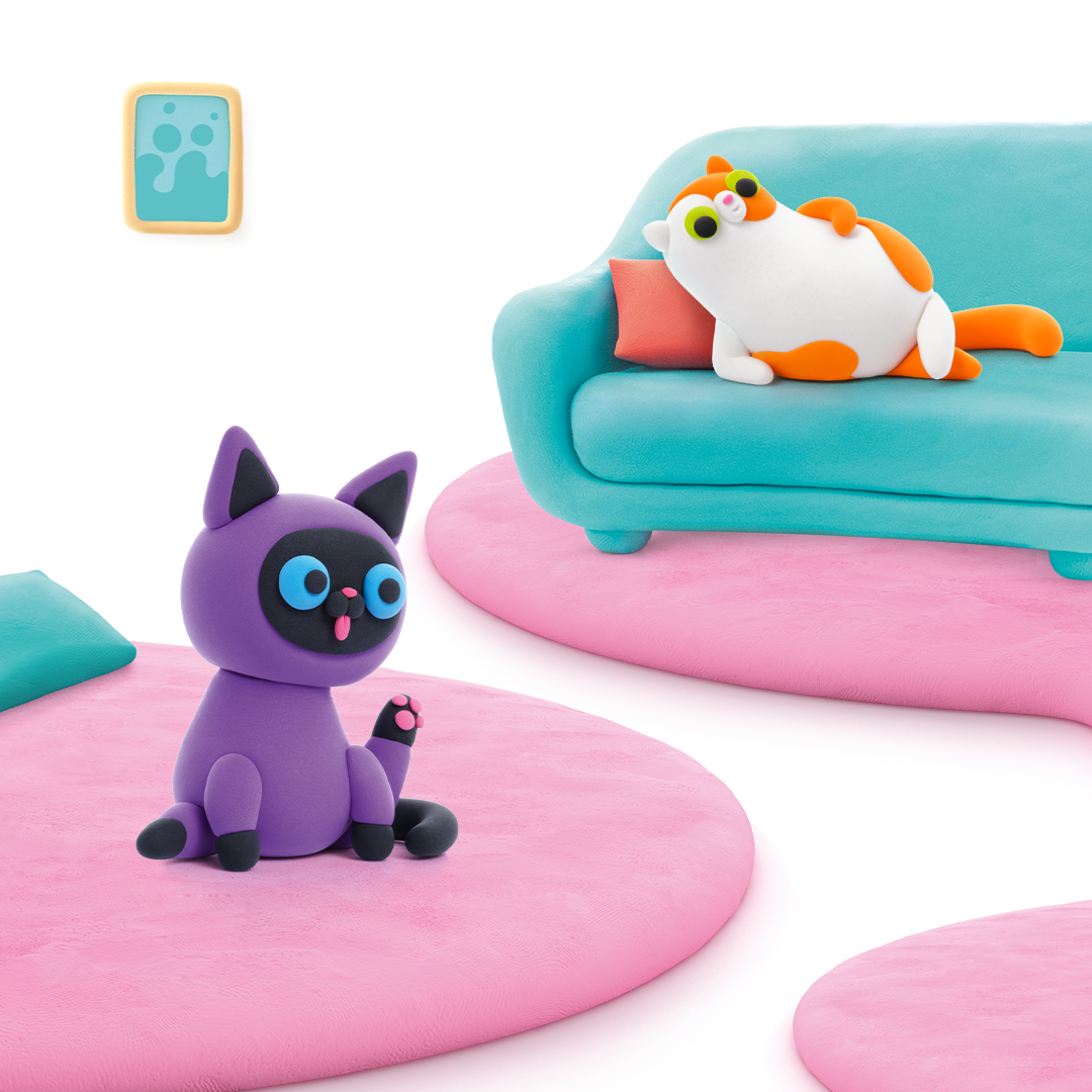 Hey Clay fluffy pets kat en poes relaxen op turquoise bank, kleurrijke boetseerklei huisdieren scene