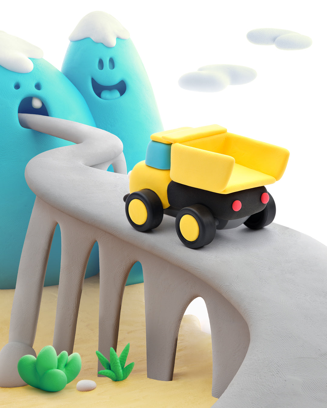 Hey Clay gele kiepwagen boetseerklei op brug met blauwe bergen - Construction Vehicles detail foto