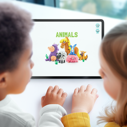 Hey Clay kinderen gebruiken app voor kleien, boerderijdieren op scherm met interactieve instructies
