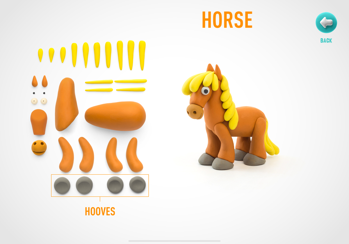 Hey Clay klei ideeën instructiefoto met alle benodigde onderdelen voor het maken van een paard