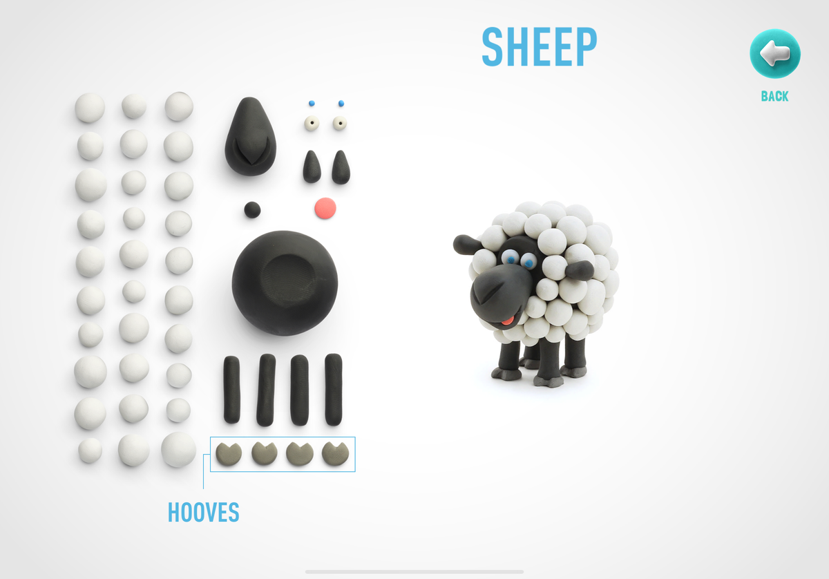 Hey Clay klei ideeën voor schaap met onderdelen overzicht: witte en grijze bolletjes voor hoeven