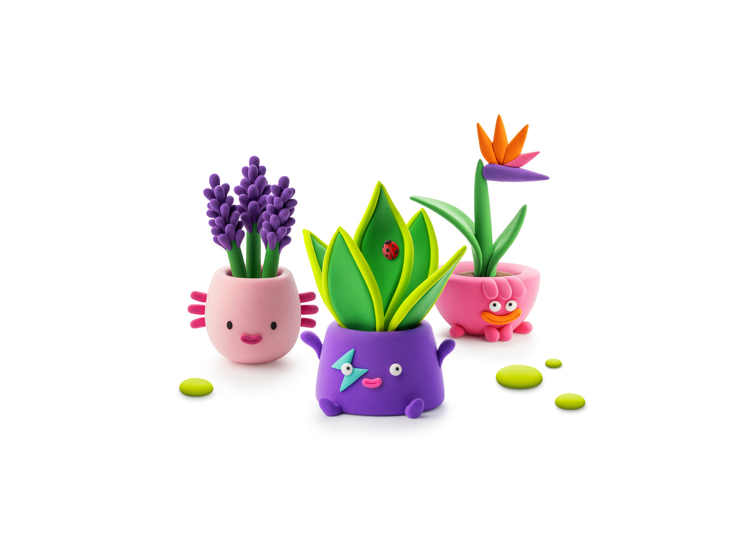 Hey Clay klei voorbeelden volwassenen: salvia, paradijsvogelplant en vrouwentong plantjes gemaakt met klei